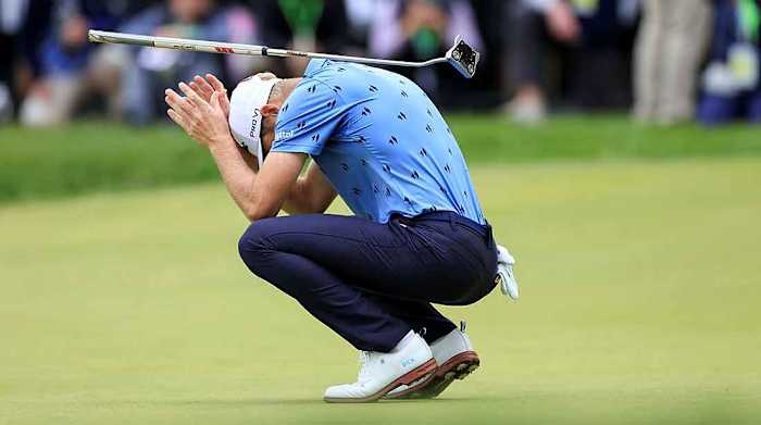 Will Zalatoris reacts to missing a putt on the 72nd hole at the 2022 U.S. Open that would have forced a playoff.